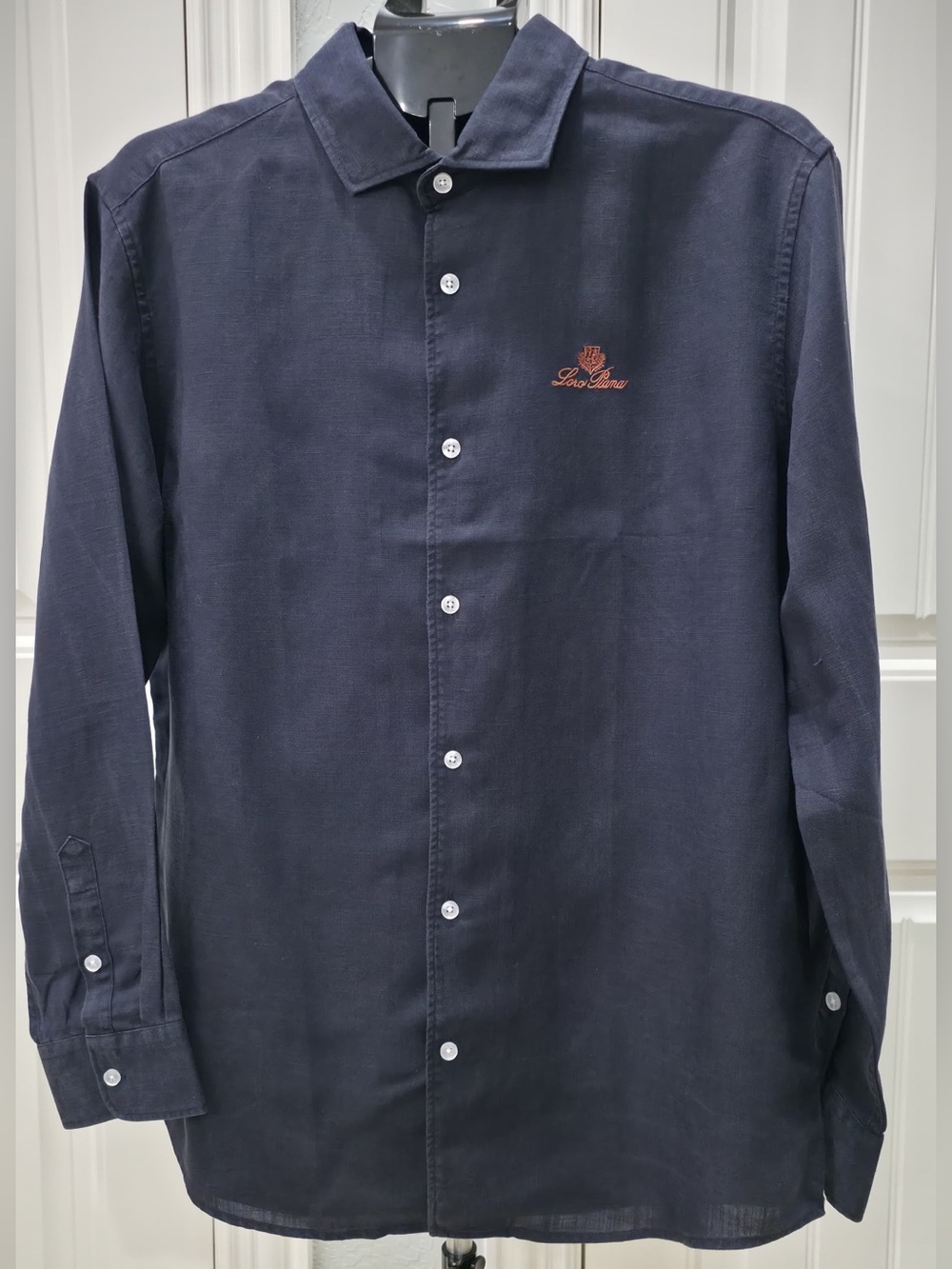 Loro Piana Navy Long Sleeve Linen Button-Down Shirt with Orange Crest